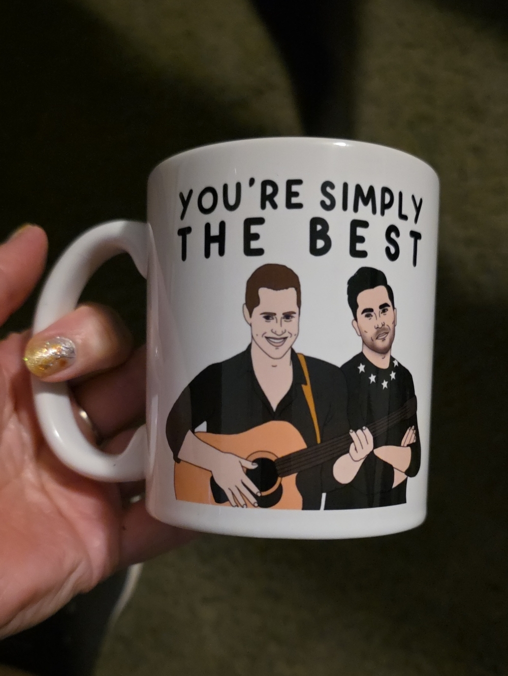Source Unknown White Ceramic Mug with Illustrated Duo and Text